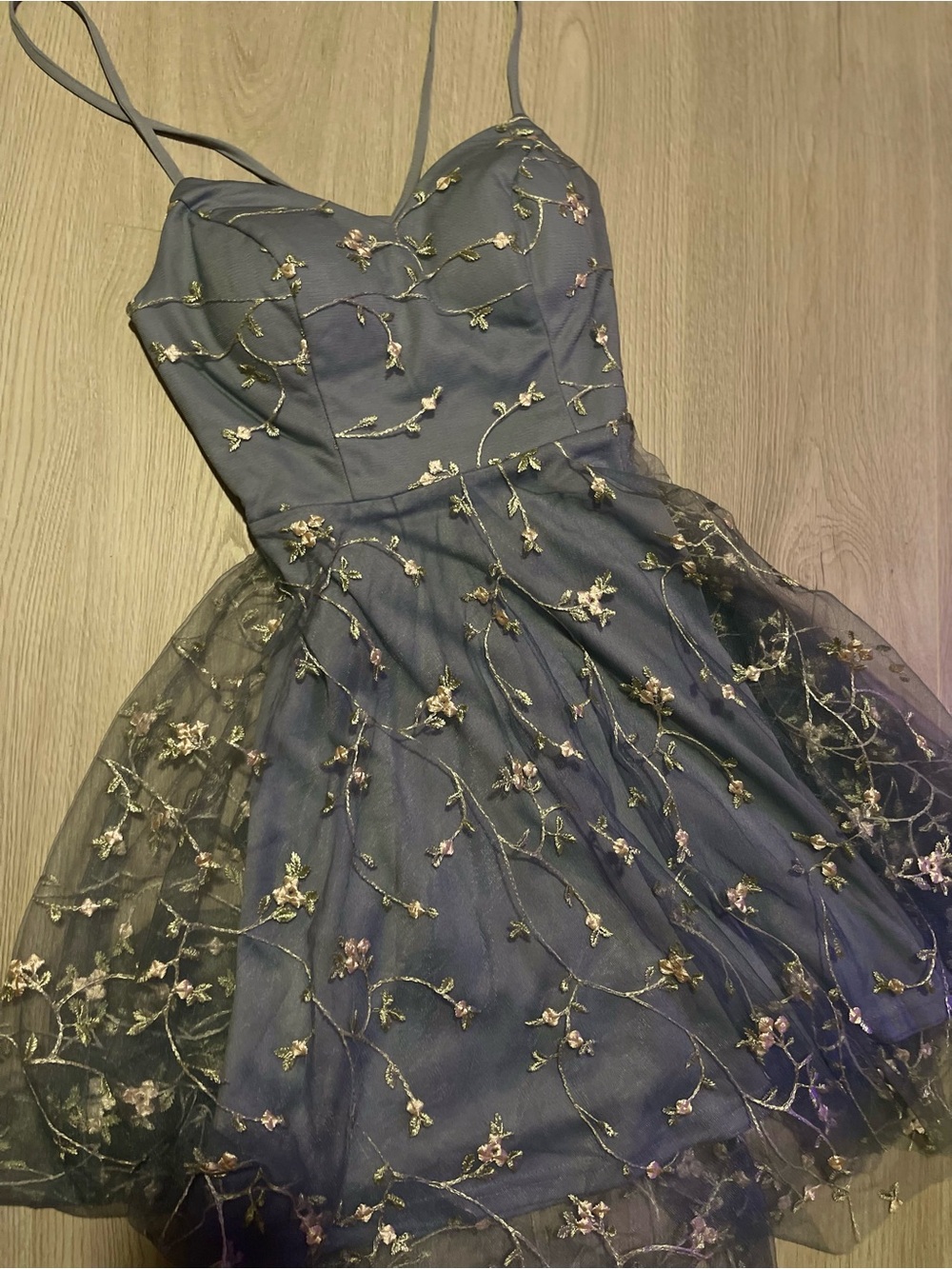 Embroidered Navy Mini Dress with Gold Floral Detail